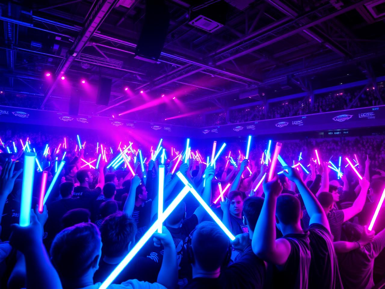 Esports crowd cheering with glowing light sticks under neon arena lights