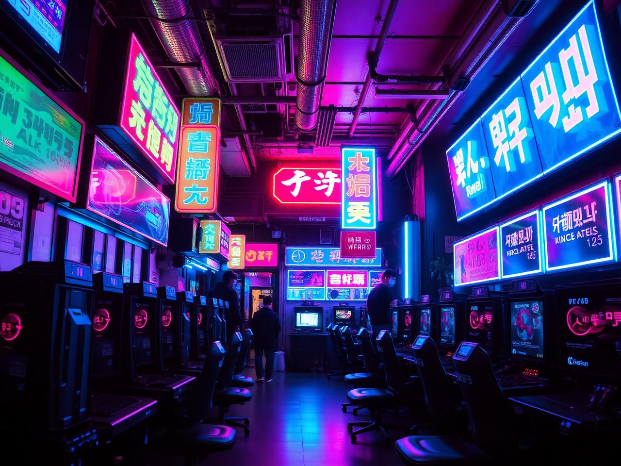 Neon-lit Korean PC bang gaming cafe with rows of glowing stations