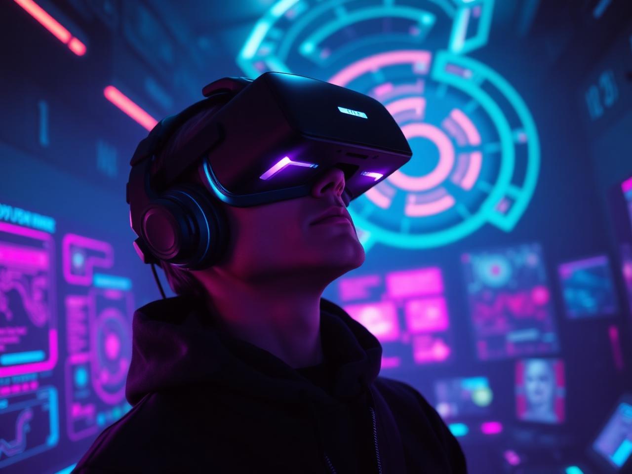 Immersive VR gamer surrounded by holographic neon interfaces