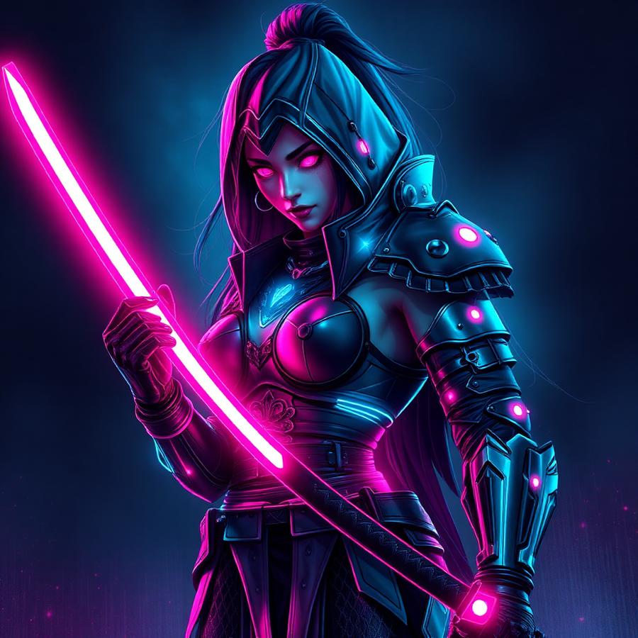 Cyberpunk fantasy warrior wielding a glowing neon katana