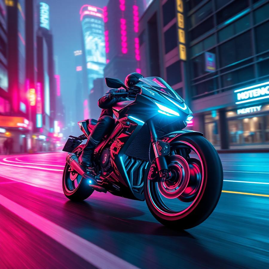 Futuristic neon racing motorcycle speeding through a city