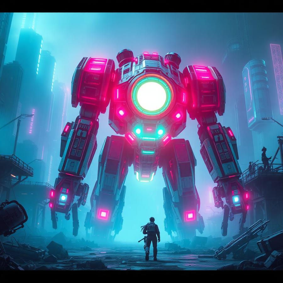 Giant battle mech with glowing core in a neon city