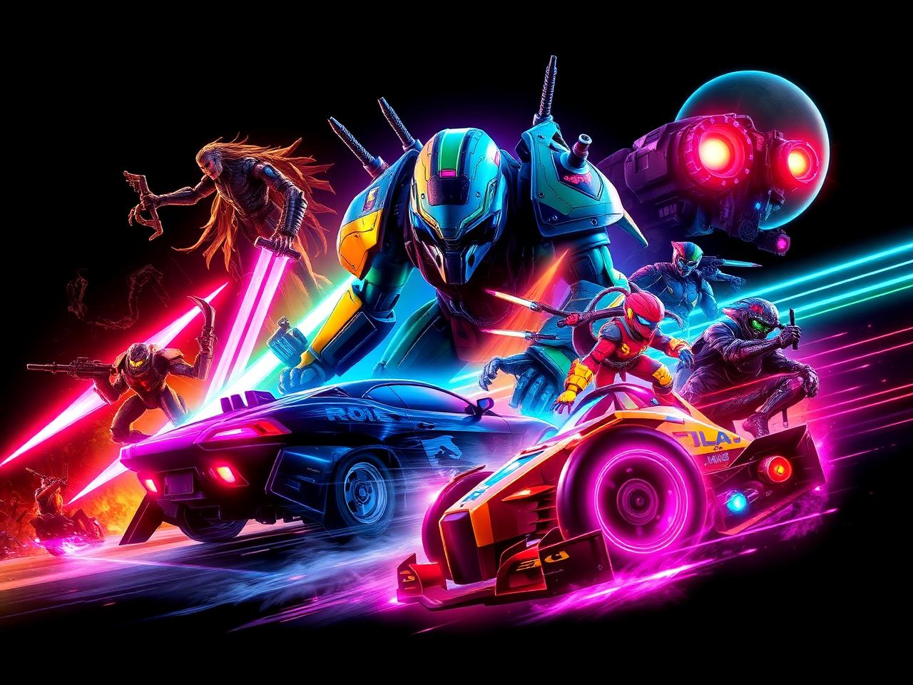Neon collage of fantasy warrior, sci-fi mech, and racing genres