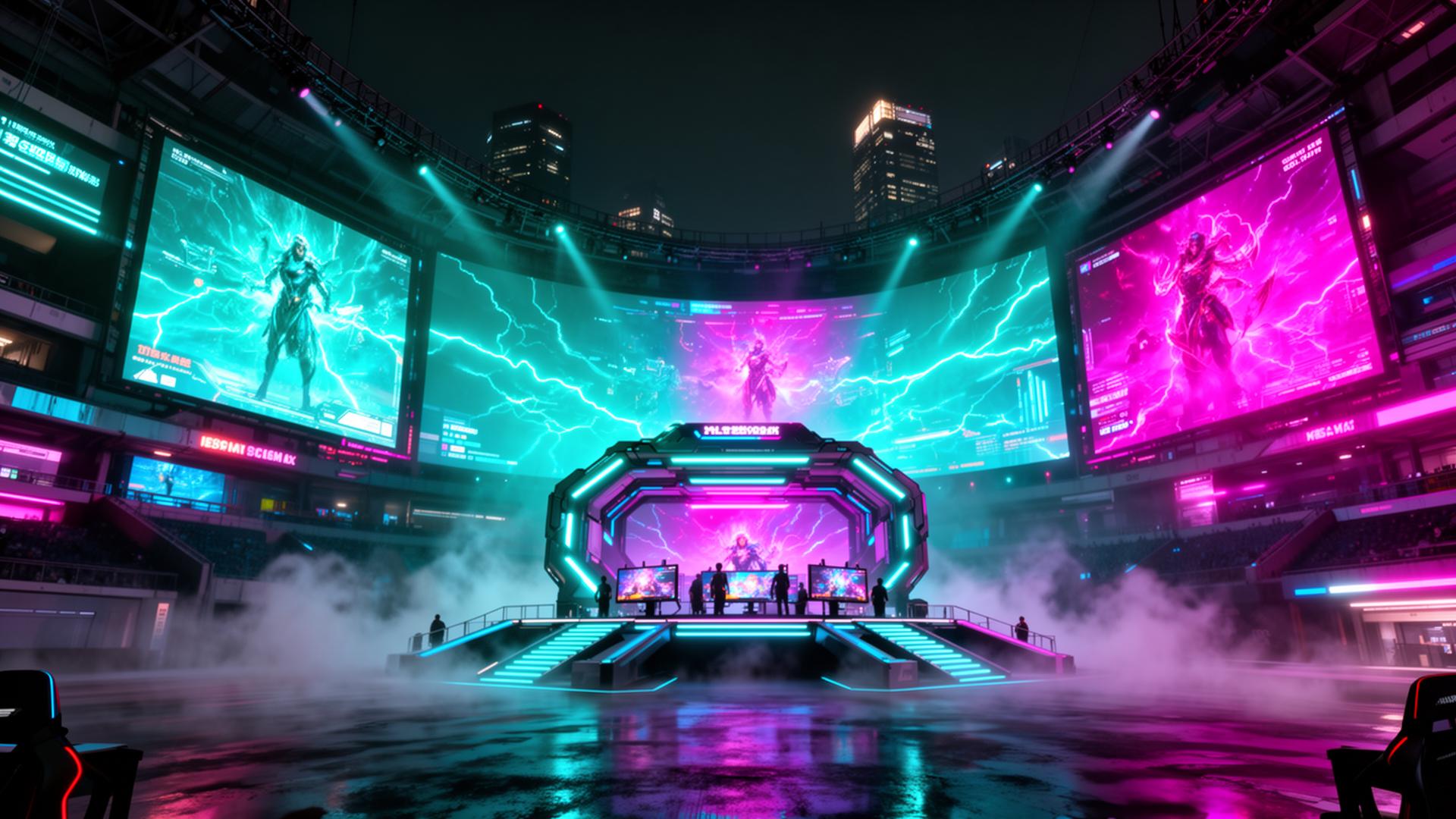 Neon cyberpunk esports arena in Seoul with massive holographic screens