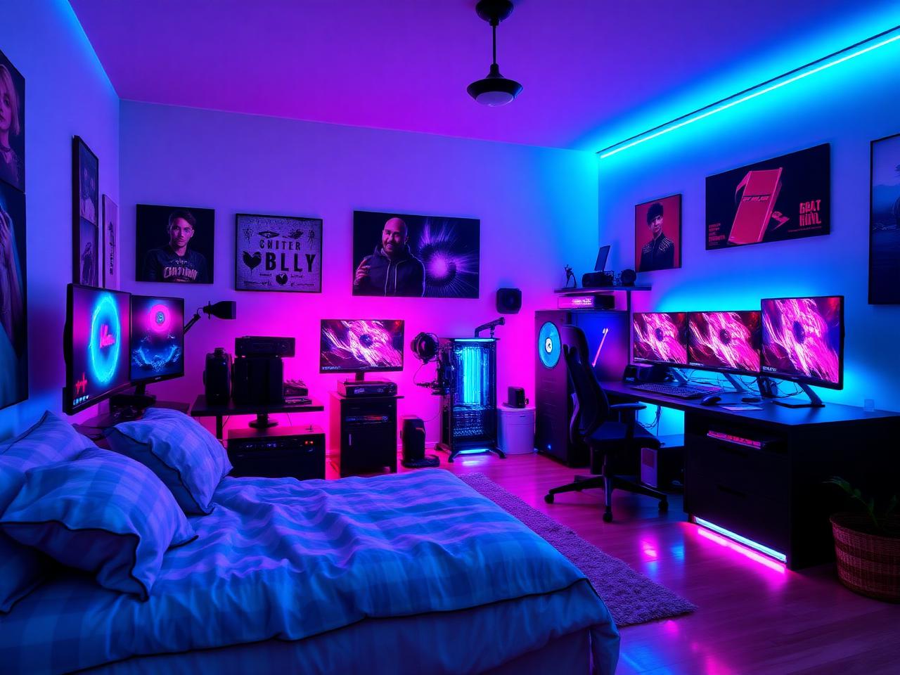Neon RGB-lit gamer bedroom setup with multiple monitors