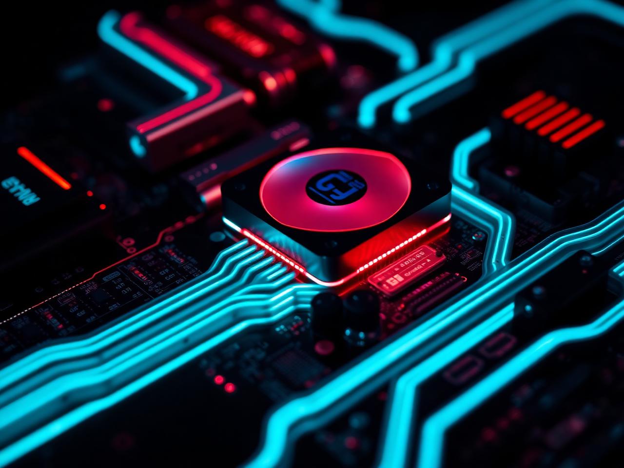 Close-up of glowing gaming hardware and circuitry with neon light trails