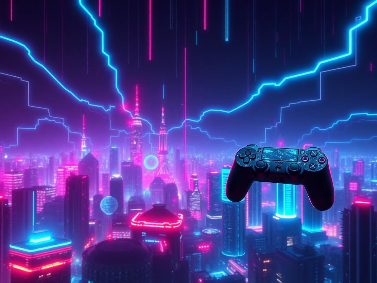 Glowing data streams and floating game controller over a neon Korean skyline